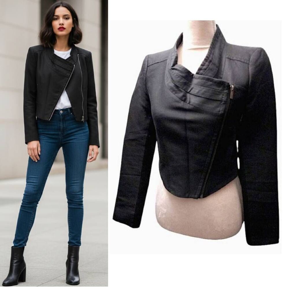 BCBGMaxAzaria Black Pleated Asymmetrical Crop Moto Jacket XXS